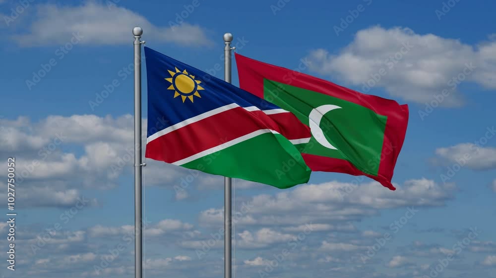 Maldives and Namibia flags flying together, video concept of the relationship, two country relations concept Maldives and Namibia flags flying together, video concept of the relationship, two country relations concept
