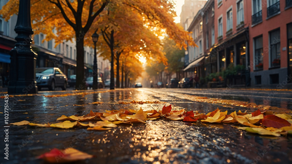 Wet city street with wet cobblestones covered in autumn leaves with trees in vibrant fall colors Wet city street with wet cobblestones covered in autumn leaves with trees in vibrant fall colors