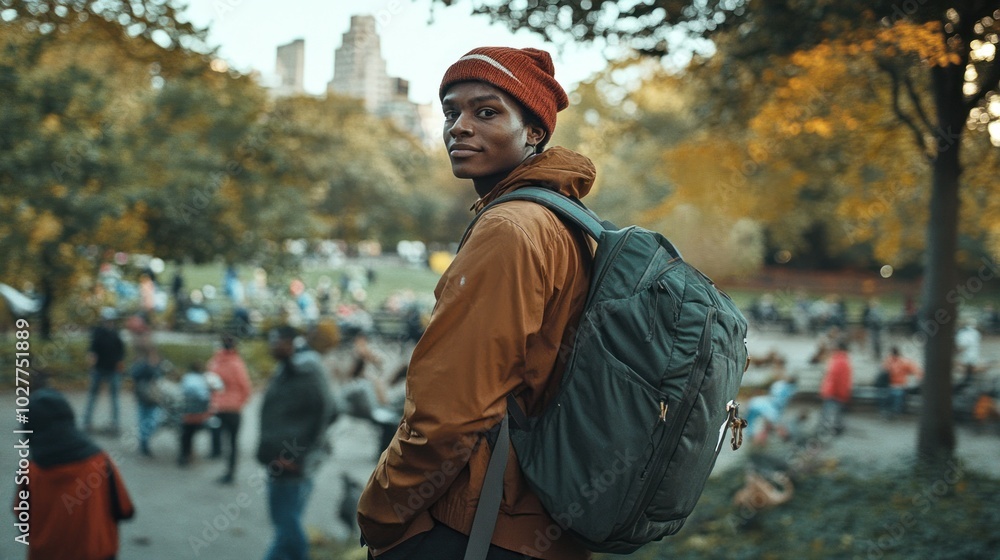 A young man of African descent wearing a cozy jacket and hat stands in a busy park, happily enjoying the autumn atmosphere A young man of African descent wearing a cozy jacket and hat stands in a busy park, happily enjoying the autumn atmosphere