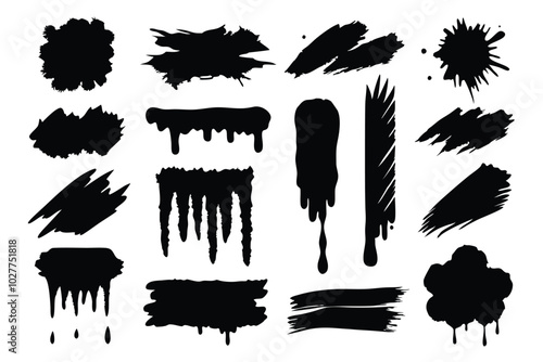 Set of Grunge, dirty brush, black paint, strokes. Hand drawn illustration isolated on white background