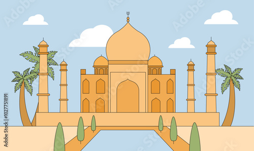 India Taj Mahal. Famous indian palace. East asian culture and architecture. Building and monument. Travel and tourism. Landmark and famous place. Linear vector illustration