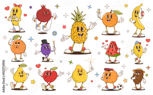 Retro cartoon groovy fruit characters. Vector cute apple, banana, peach and orange personages, funny berry food emojis. Trendy psychedelic pineapple, lemon, kiwi and pear groovy fruit emoticons