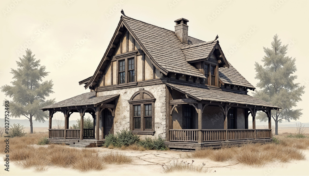 An old, rustic wooden house with a steep pitched roof, multiple chimneys, and a wraparound porch. The house has a traditional Tudor-style architecture with exposed wooden beams and stone accents. An old, rustic wooden house with a steep pitched roof, multiple chimneys, and a wraparound porch. The house has a traditional Tudor-style architecture with exposed wooden beams and stone accents.