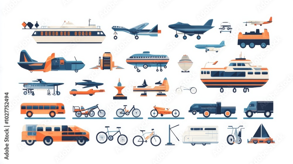 A set of flat design icons representing different modes of transportation, including airplanes, ships, cars, bikes, buses, and more. A set of flat design icons representing different modes of transportation, including airplanes, ships, cars, bikes, buses, and more.