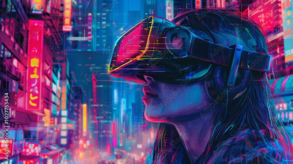 Cyberpunk woman wearing virtual reality goggles. Cyberpunk woman wearing virtual reality goggles.