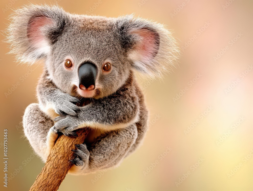 Naklejka premium Adorable koala perched on a branch against a blurred background.