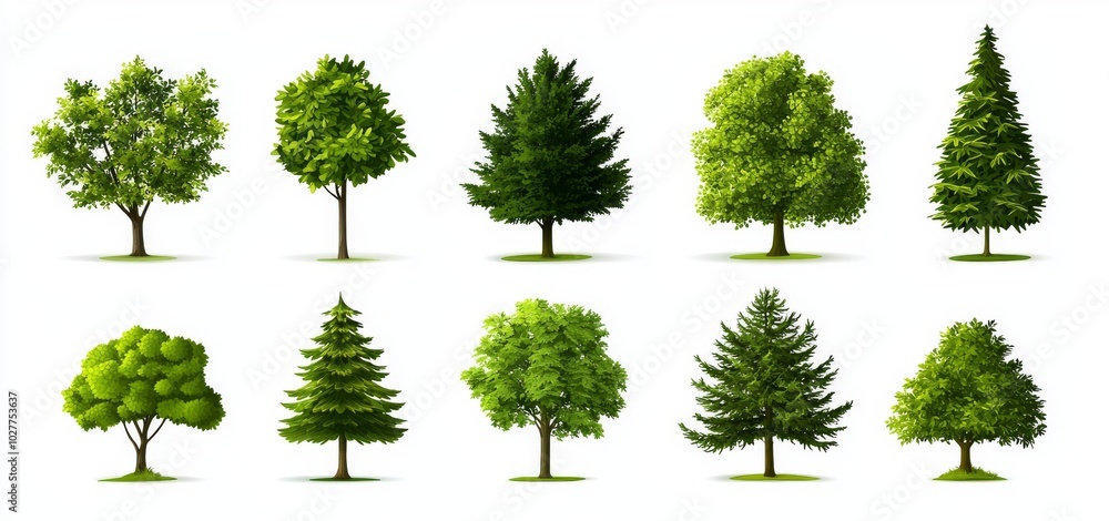 The tree is a cartoon illustration of flora and fauna from the forest, with conifers, deciduous trees, oak pine Christmas trees isolated from each other. The tree is a cartoon illustration of flora and fauna from the forest, with conifers, deciduous trees, oak pine Christmas trees isolated from each other.