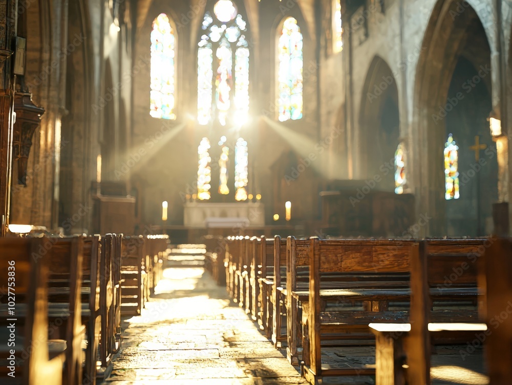 Fototapeta premium Sunbeams Illuminating Church Interior With Wooden Pews and Stained Glass Windows