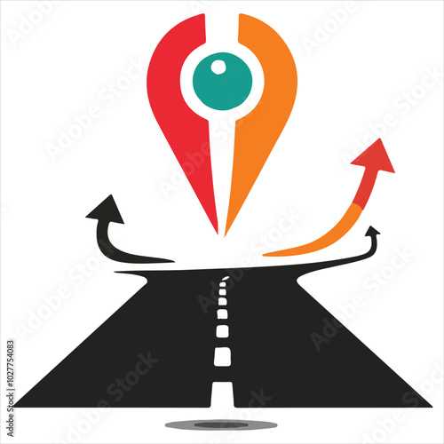 
logo simple de un puntero gps minimalista con una carretera abajo, sobre fondo blanco
