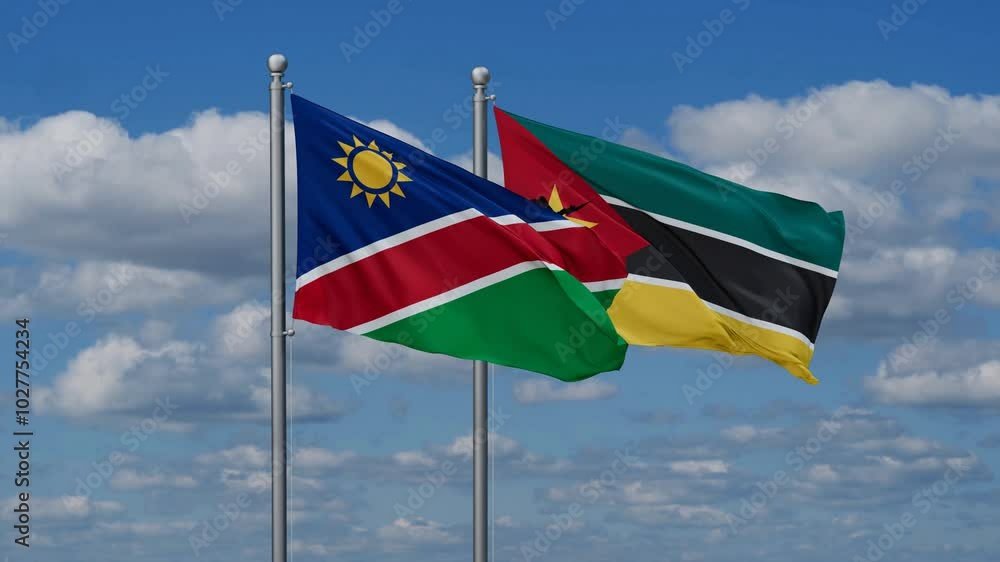 Mozambique and Namibia flags flying together, video concept of the relationship, two country cooperation concept Mozambique and Namibia flags flying together, video concept of the relationship, two country cooperation concept