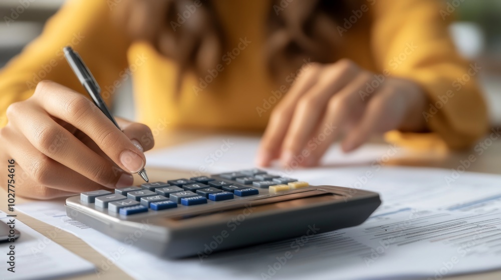 Accountant working on financial report using calculator and taking notes Accountant working on financial report using calculator and taking notes