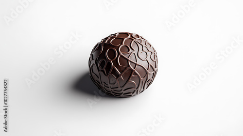 Close-up of a single handmade chocolate candy with intricate details in the center on a clean white background - a simple yet sophisticated look.