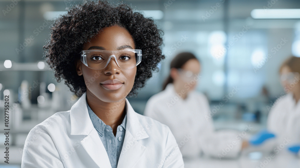 Female scientist in lab coat with glasses, smiling in a laboratory setting. Female scientist in lab coat with glasses, smiling in a laboratory setting.