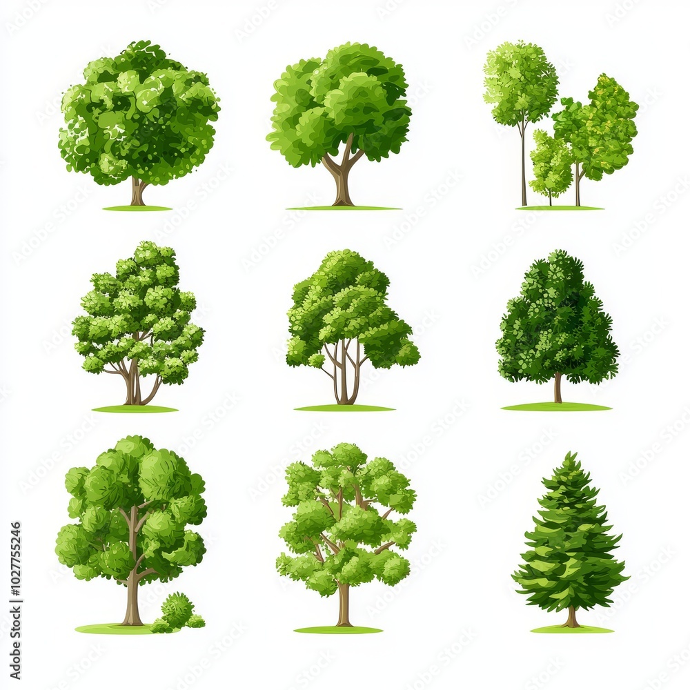Fototapeta premium The green tree florets in a variety of forms on the white background. Trees for decorating gardens and home designs. Modern illustration.