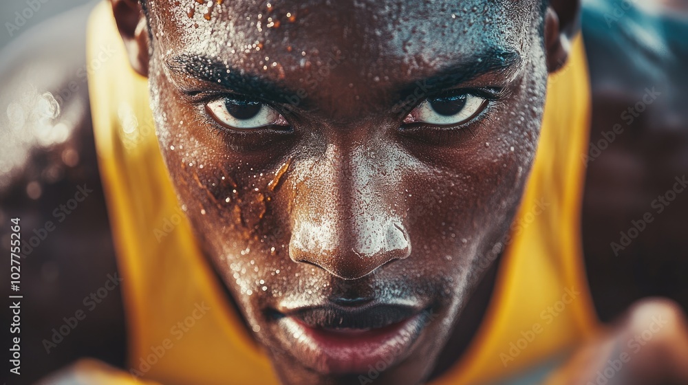 Close-up of a runner expression of concentration, with high detail on sweat and effort in a competitive setting Close-up of a runner expression of concentration, with high detail on sweat and effort in a competitive setting