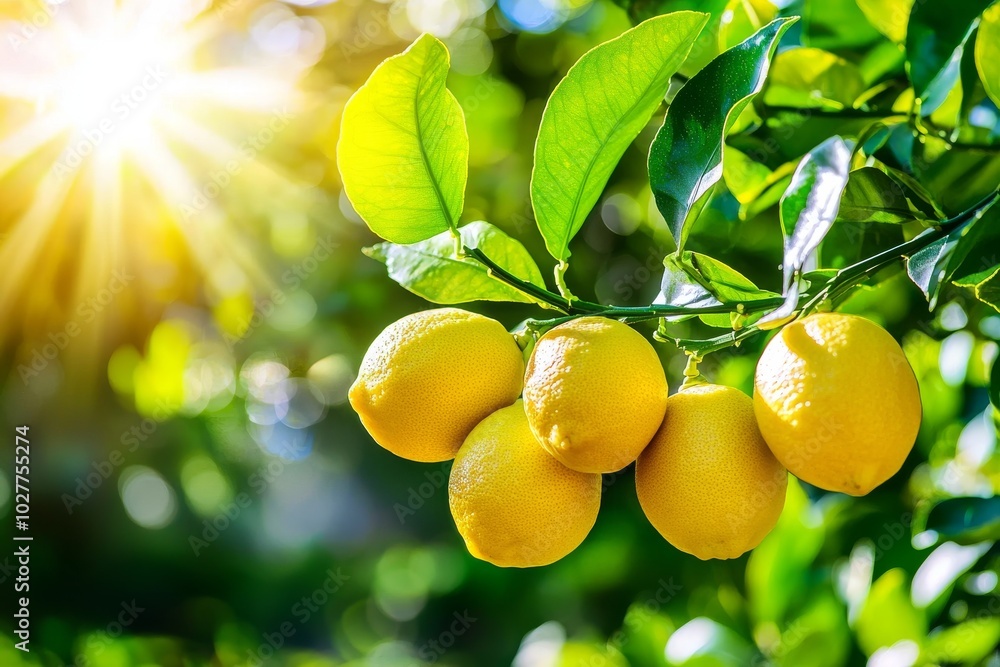 A ripe lemon tree, with leaves in the sun beams. A Mediterranean citrus grove. A ripe lemon tree, with leaves in the sun beams. A Mediterranean citrus grove.