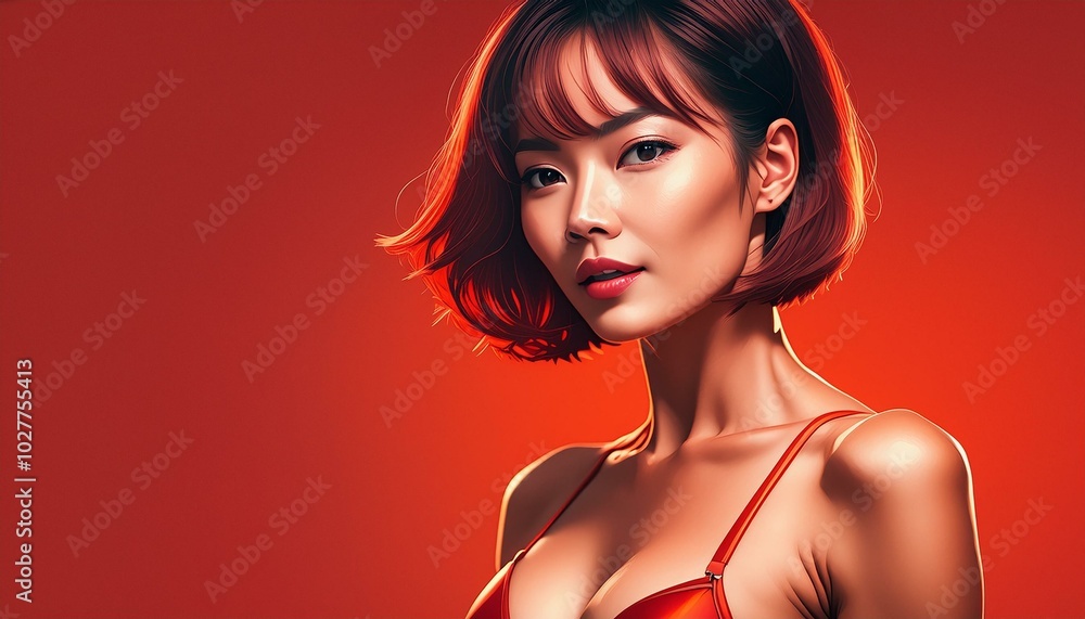 custom made wallpaper toronto digitalstudio portrait of a brunette woman with short hair wearing a red bikini on red background, fashion photography