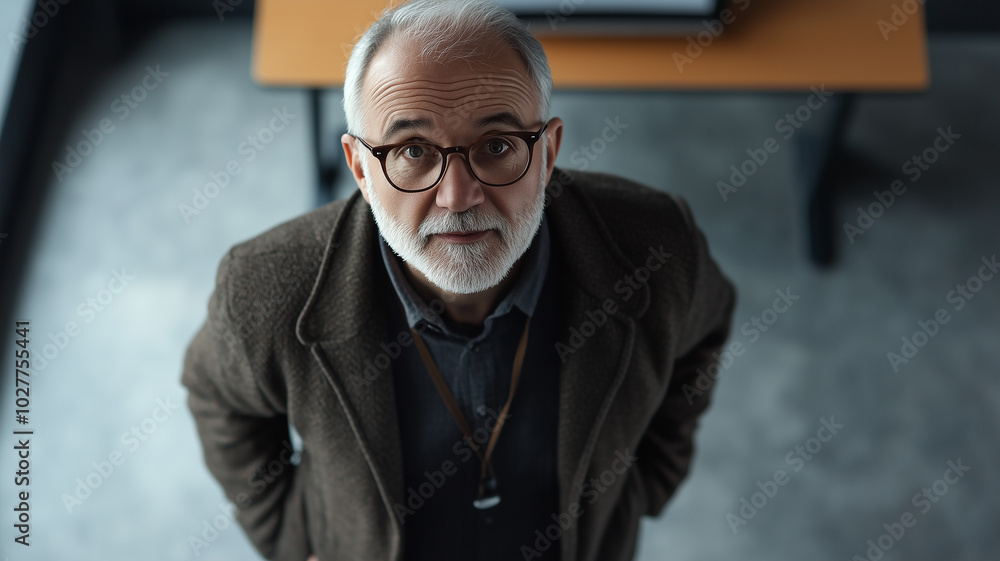 Obraz premium Close-up of a senior lecturer, a European, giving a lecture in a modern classroom, standing at the projector screen, mature face with glasses, warm lighting.