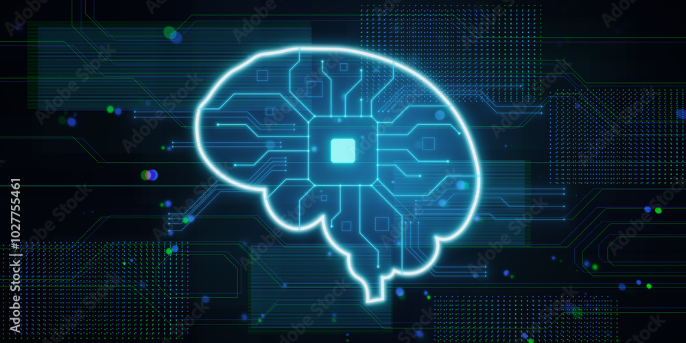 Abstract glowing blue circuit digital brain hologram on blurry ...