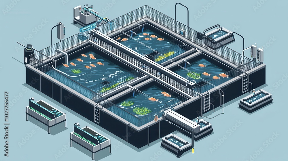 Recirculating aquaculture system, vector art, high-tech fish farm, clean and efficient setup Recirculating aquaculture system, vector art, high-tech fish farm, clean and efficient setup