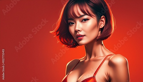 Wallpaper Mural studio portrait of a brunette woman with short hair wearing a red bikini on red background, fashion photography Torontodigital.ca