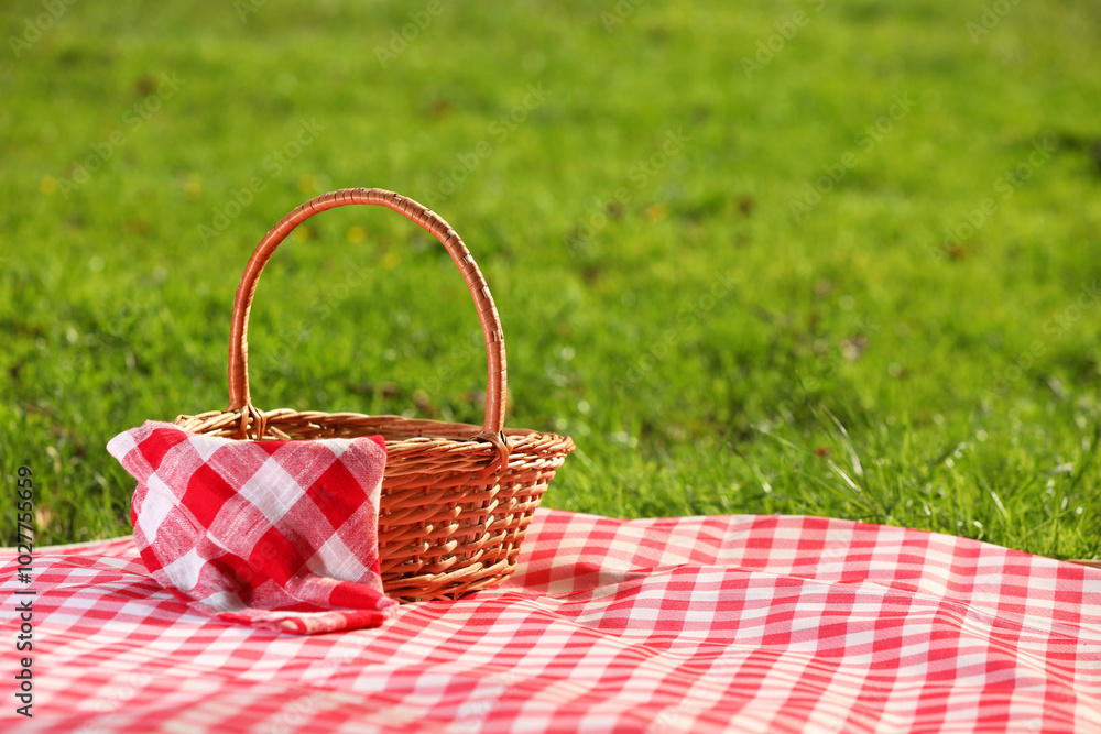 One picnic wicker basket with checkered napkin and blanket on green grass. Space for text One picnic wicker basket with checkered napkin and blanket on green grass. Space for text