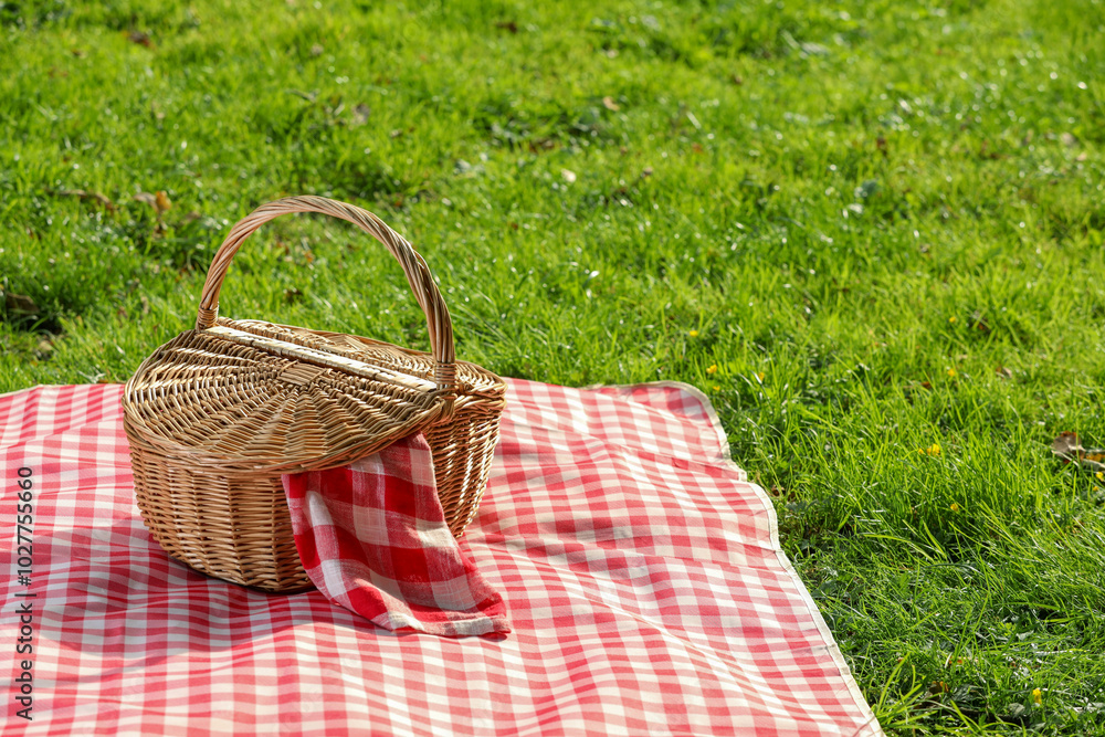 One picnic wicker basket with checkered napkin and blanket on green grass. Space for text One picnic wicker basket with checkered napkin and blanket on green grass. Space for text