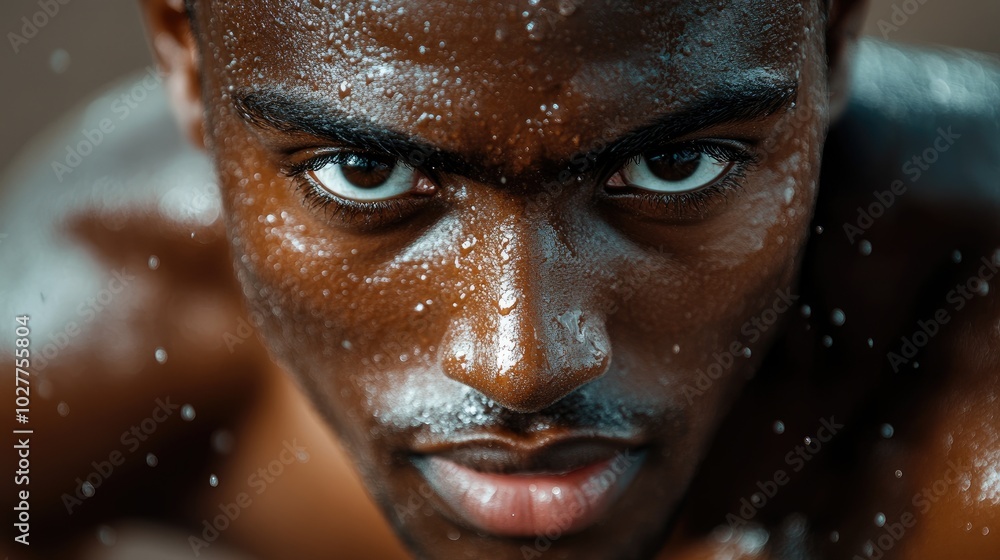 Close-up of a runner focused expression with high detail on sweat and effort during a high-intensity race Close-up of a runner focused expression with high detail on sweat and effort during a high-intensity race