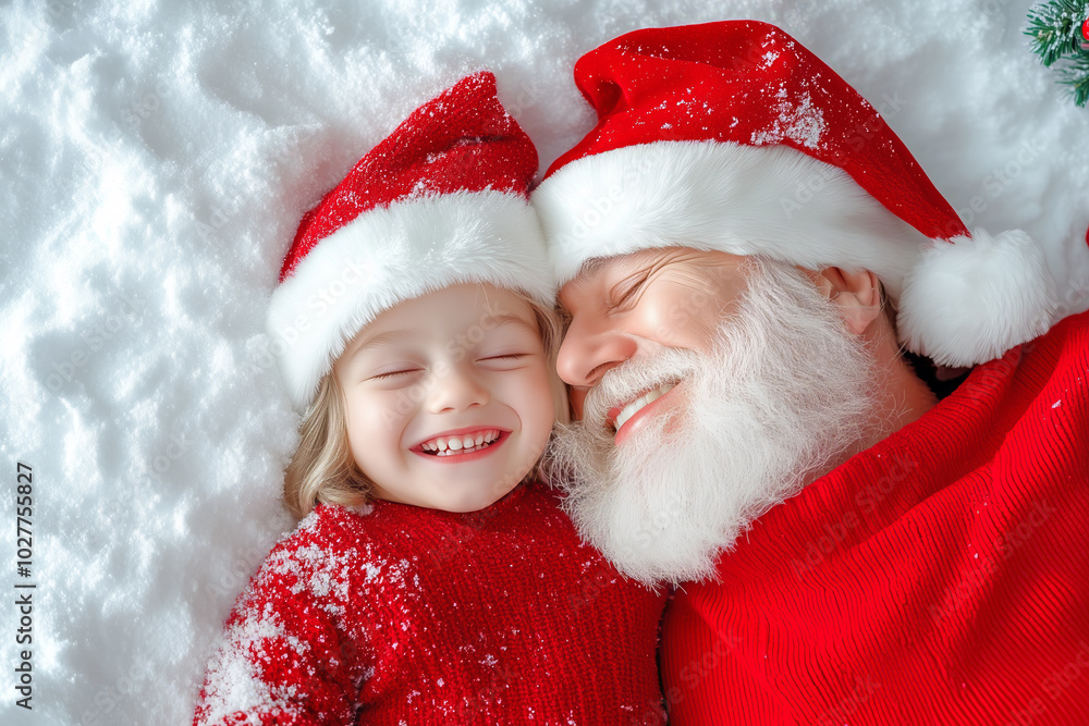 A joyful child and a smiling grandparent dressed in festive attire enjoying snowy winter fun A joyful child and a smiling grandparent dressed in festive attire enjoying snowy winter fun