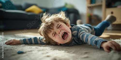 Unhappy toddler having a temper tantrum, lying on the floor and crying.