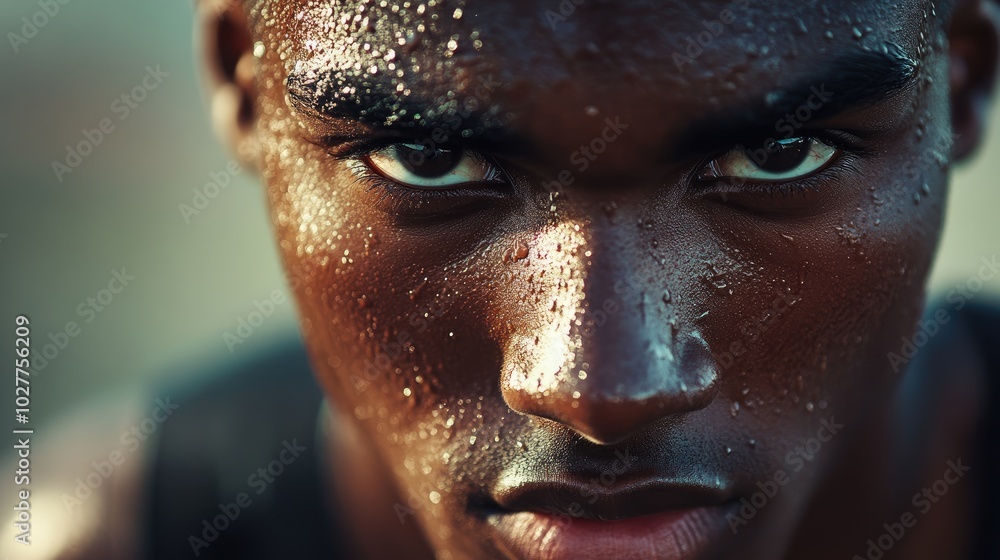 Close-up of a runner's intense gaze and focused demeanor, with high detail on sweat and athletic wear Close-up of a runner's intense gaze and focused demeanor, with high detail on sweat and athletic wear