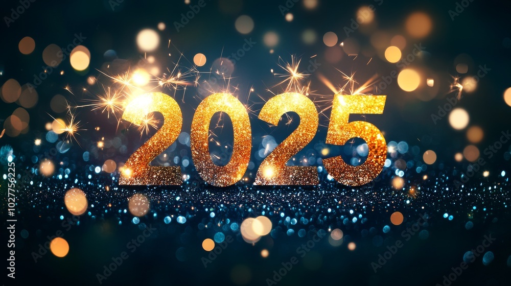Sparkling golden 2025 against a dark blue background with glittering bokeh lights. Sparkling golden 2025 against a dark blue background with glittering bokeh lights.