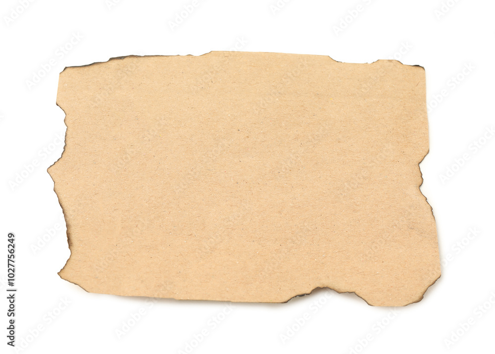 Piece of old paper with dark burnt borders isolated on white, top view Piece of old paper with dark burnt borders isolated on white, top view