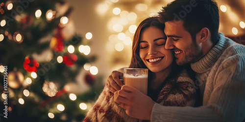 Romantic couple drinking eggnogg, traditional Christmas dairy-based beverage, near decorated Christmas tree. photo