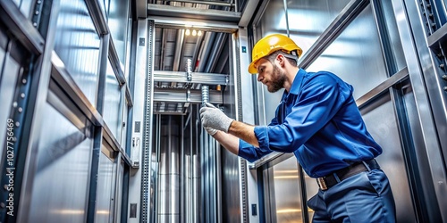 A skilled lift machinist inspecting and repairing an elevator situated symmetrically in a lift shaft, electrical, inspection, safety, controls, maintenance, technology, repairman