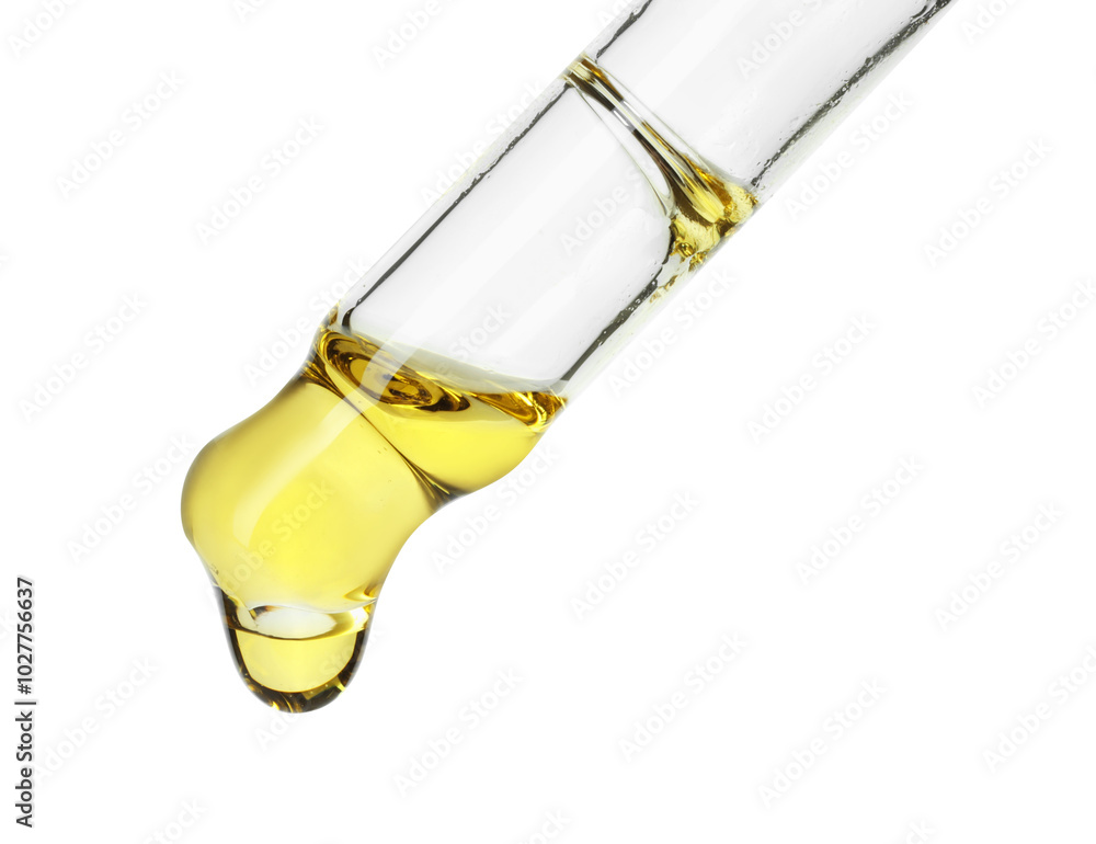 Fototapeta premium Dripping essential oil from pipette on white background