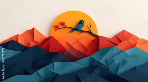 Papercraft mountains with a bird and sun behind.