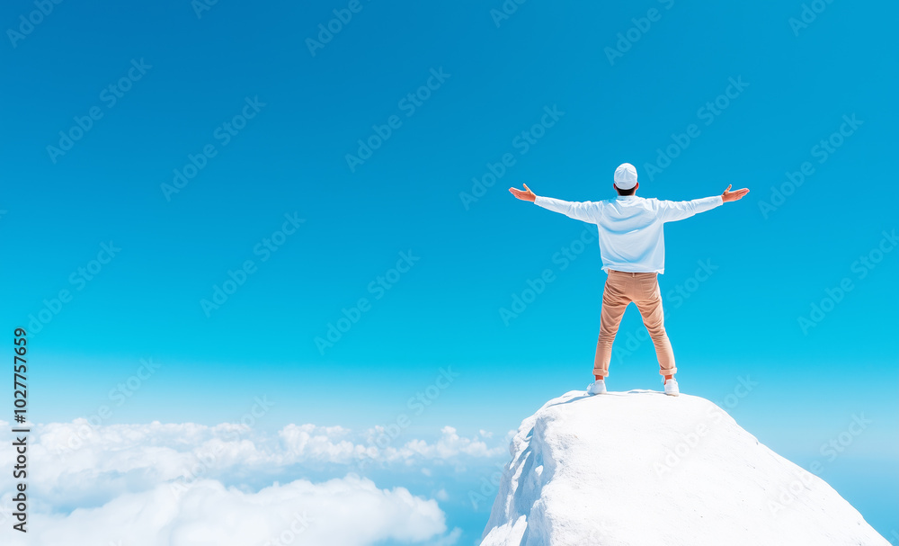 Naklejka premium Man stands on a snowy peak with arms outstretched under a clear blue sky