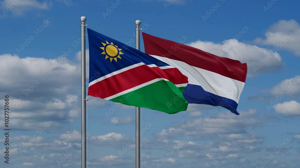 Netherlands and Namibia flags flying together, video concept of the relationship, two country relations concept Netherlands and Namibia flags flying together, video concept of the relationship, two country relations concept