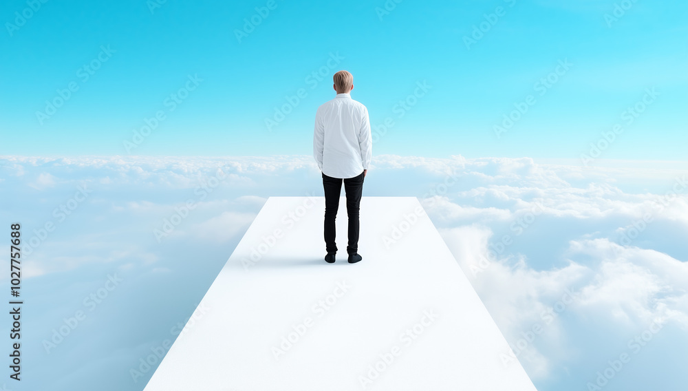 A person standing on a white platform above the clouds, contemplating the vast blue sky ahead A person standing on a white platform above the clouds, contemplating the vast blue sky ahead