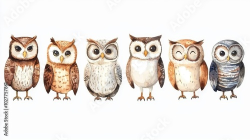 A charming collection of hand-painted owls showcasing a variety of colors and expressions, perfect for nature and wildlife themes. photo