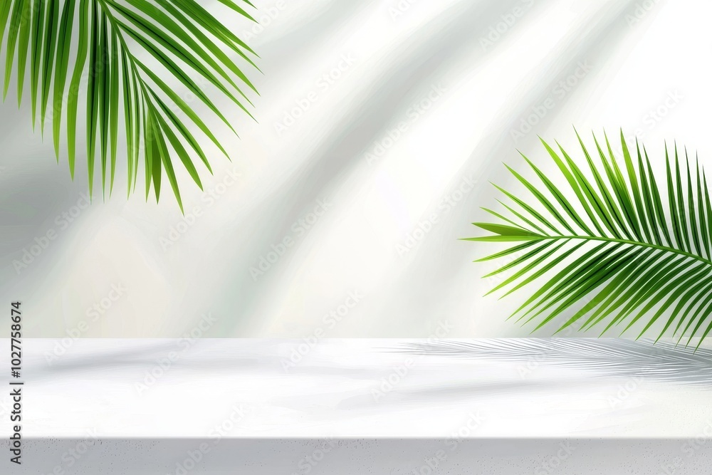 Shadows cast on a white wall background by palm leaves. White background, cardboard. Abstract image. Tropic concept. Shadows cast on a white wall background by palm leaves. White background, cardboard. Abstract image. Tropic concept.