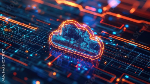 Cutting-edge digital graphic featuring a stylized cloud logo and a network of high-tech data streams and nodes