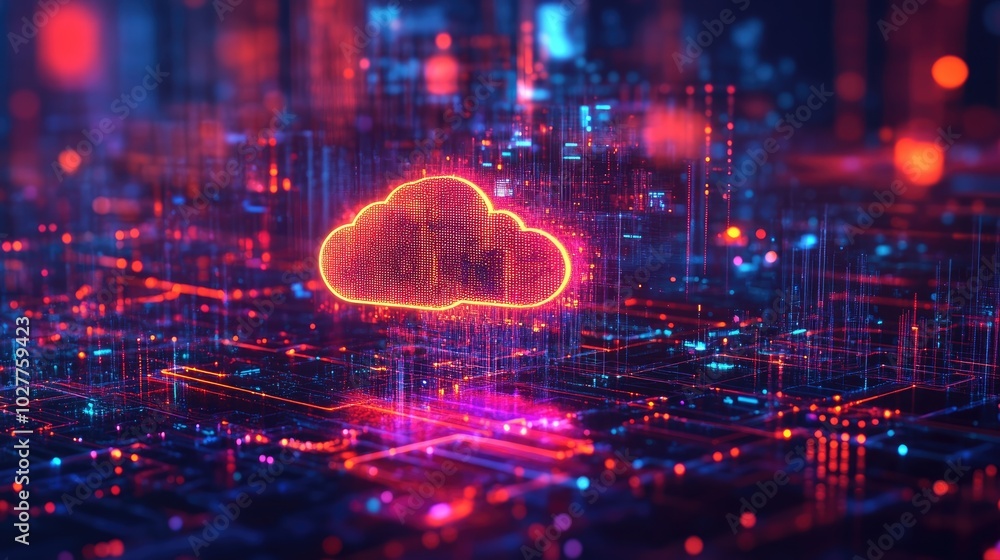 Cutting-edge digital landscape with a prominent cloud logo, showcasing complex technology and data flow Cutting-edge digital landscape with a prominent cloud logo, showcasing complex technology and data flow
