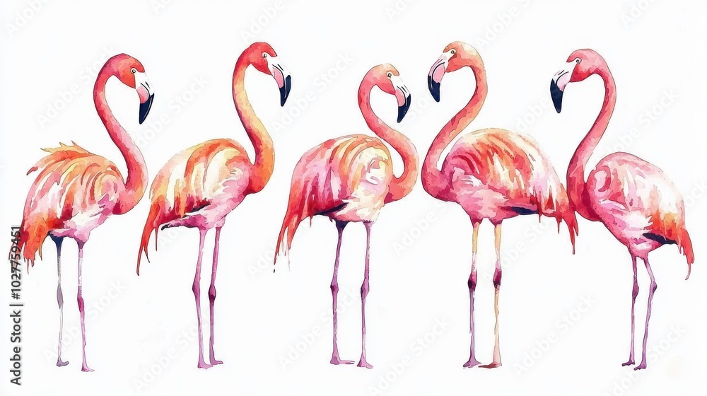 Obraz premium A vibrant illustration of five elegant flamingos standing gracefully in a row, showcasing their stunning pink feathers and long legs.