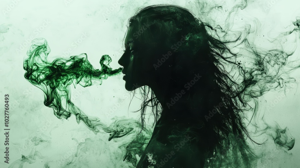 Fototapeta premium Ashtray shown in black and white ink spread heavily with green jump against white stark background. Smoke forms the shape of a long haired woman. Full back tattoo with multicolored ink.