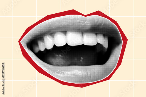Halftone collage banner, paper cut smiling open mouth. Magazine sticker with red border, modern art, element for decor, poster. Textured element on beige background.