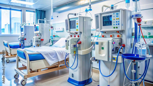 A dialysis machine with tubes and filters in a clean hospital room