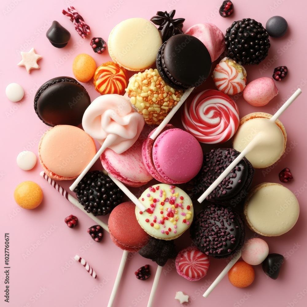 Fototapeta premium Colorful Macarons and Swirl Lollipops Arrangement