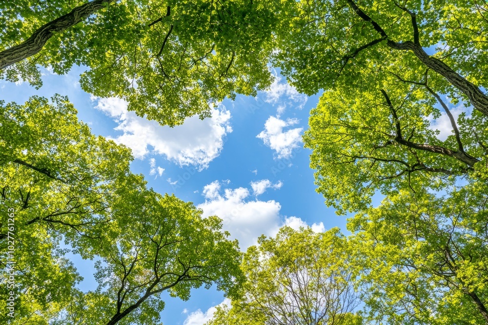 Fototapeta premium Seeing through the treetops. Created using copy space. Green foliage of a tree against blue sky. Soft sunlight streaming through the foliage.